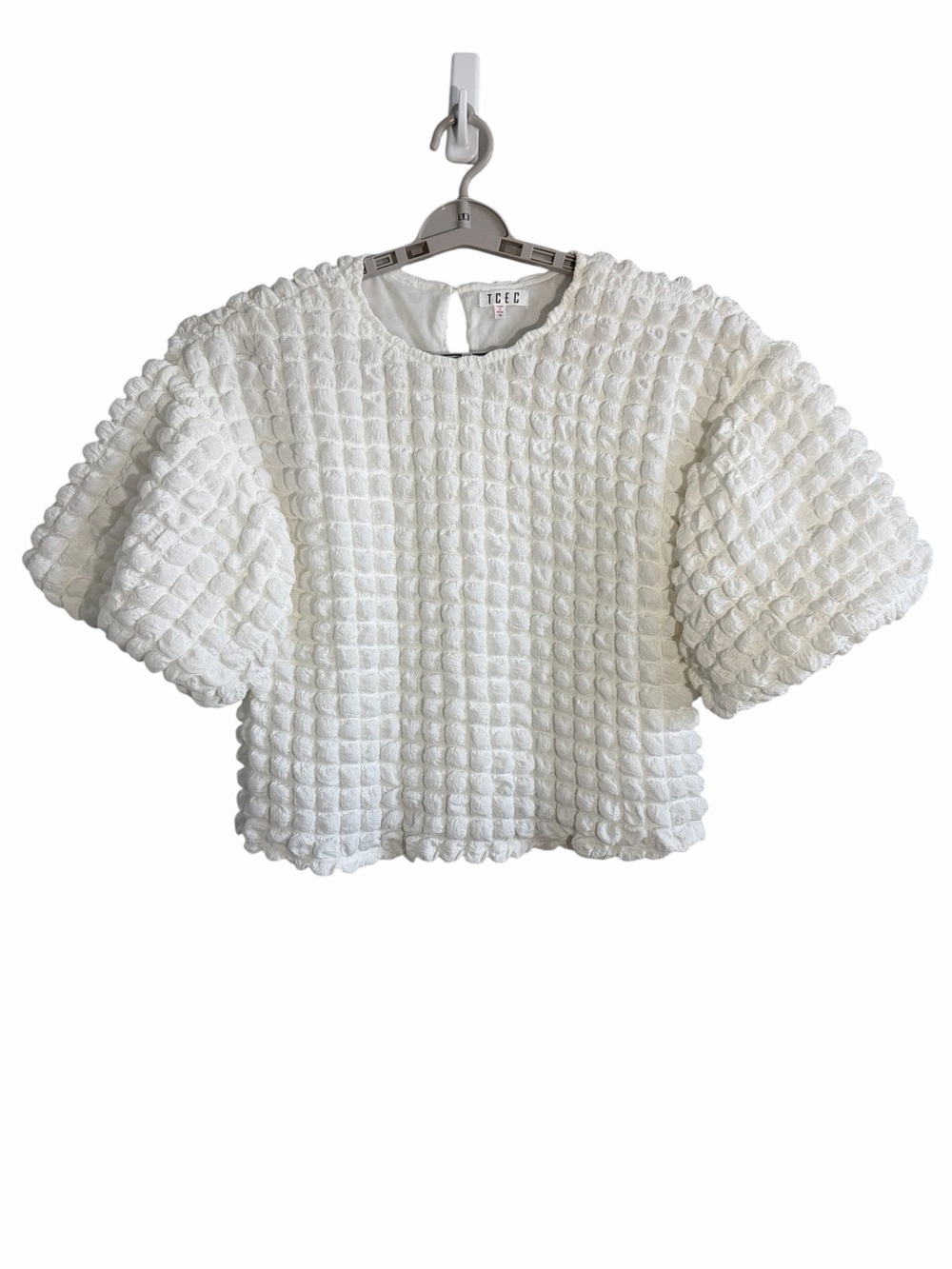 TCEC Top Women Sz M White Textured Bubble Puff Sleeve Stretch Boxy Cottagecore